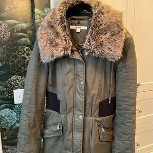 DKNY Women's Olive Faux Fur Collar Jacket